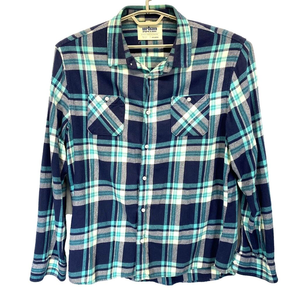 Urban Pipeline Men's XXL Flannel Shirt Blue/Green Plaid Long Sleeve Button Up